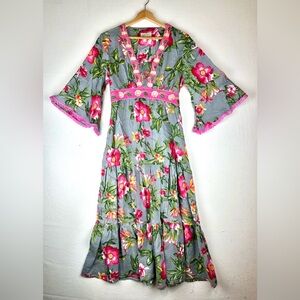 Charlie Paige Floral Embroidered Midi Dress Bell Sleeve Boho Hippie